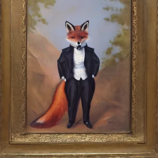 Image similar to male fox wearing tuxedo, oil painting, victorian era