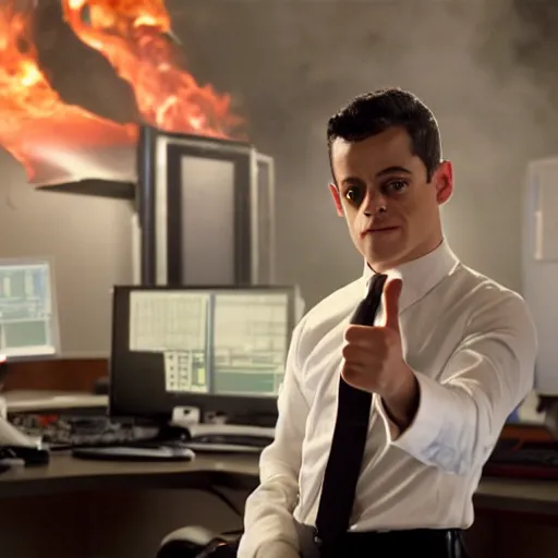 Prompt: Rami Malek as a system administrator, doing a thumb up to the camera, there are servers in flames in the background, 35mm