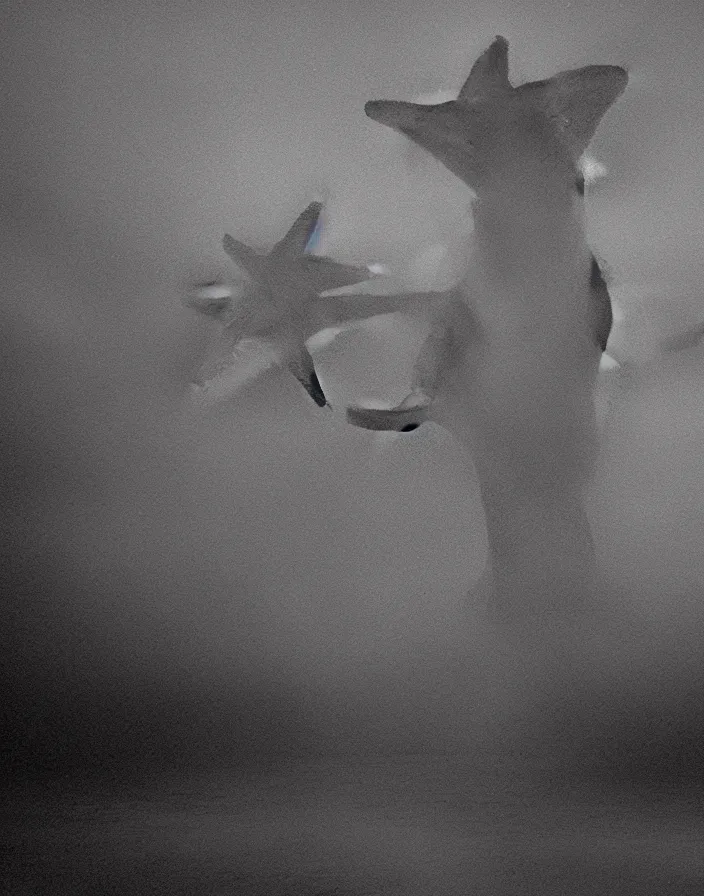 Prompt: very low - resolution found footage of a kaiju starfish - pulgasari - monster, fog, foggy, korean film noir, monochrome, red hue, thriller, underdeveloped, epic, dramatic