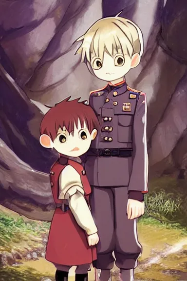 Image similar to beautiful little boy in nazi male uniform posing with an jew. made in abyss art style, sharps focus, cute detailed artwork, anatomically correct, ilya kuvshinov, reflection, perfect composition, wallpaper mobile, digital art, detailed anime soft face, symmetrical face, western comic, illustration, realistic, smooth, lois van baarle, soft details, illumination