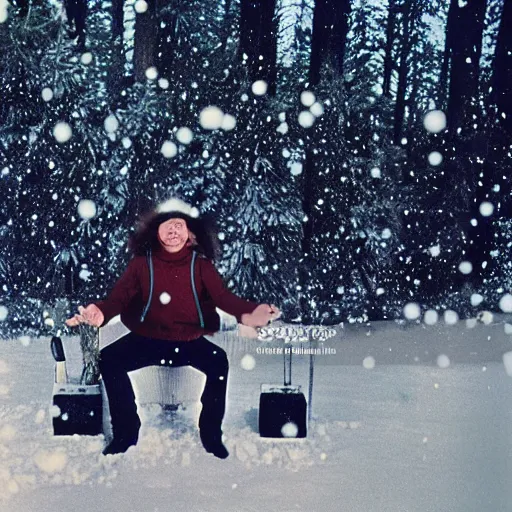 Prompt: dj in a forest snow falling it is christmas photo analog 1 9 8 0 s