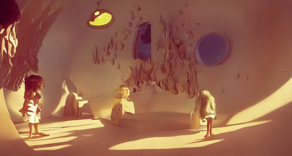 Image similar to seashell house where a little girl lives, atmospheric cinematography by syd mead and emmanuel lubezki