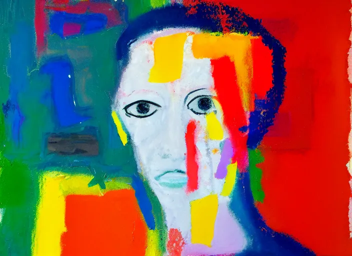 Image similar to Portrait of woman made of paint impasto abstract Rothko in background, portrait in the style of Gerhard Richter, palette knife, paint, blurred, chromatic dispersion