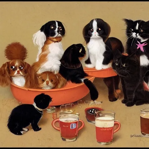 Image similar to one Cavalier King Charles Spaniel and two ragdoll kittens and one black cat drinking beer in the style of norman rockwell