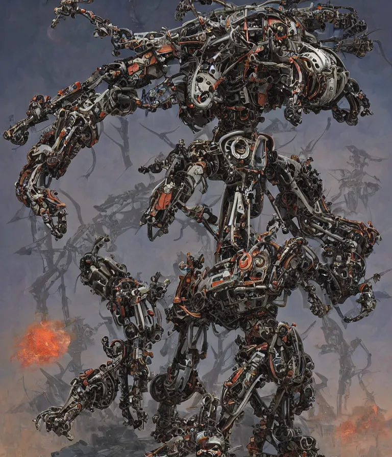 Image similar to biomechanical combat mecha with long multisegmented arms by boris groh, brian despain, gerald brom. rich colors, 3 d sculpture