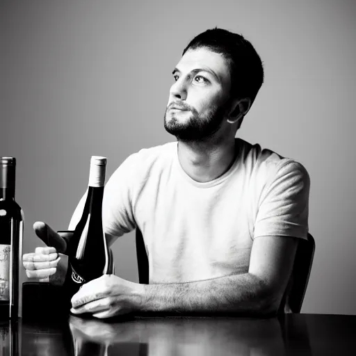 Image similar to portrait of a 3 0 years old frenchman in 2 0 2 0 seated at a table with a bottle of wine. award winning photography, 5 0 mm, studio lighting, black and white, contrasted.