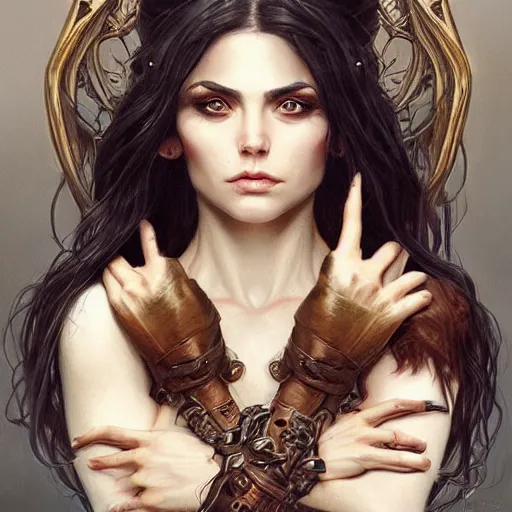 Image similar to portrait of a evil witch with scary eyes, soft hair, muscular, half body, leather, hairy, d & d, fantasy, intricate, elegant, highly detailed, digital painting, artstation, concept art, smooth, sharp focus, illustration, art by artgerm and greg rutkowski and alphonse mucha