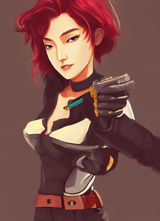 Image similar to full size persona, female sheriff, detail, ultra sharpness, beautiful female, detailed face, art by huyy nguyen, style by cain kuga, cowboy bebop art style, 3 2 beautiful color palettes with their corresponding gradient