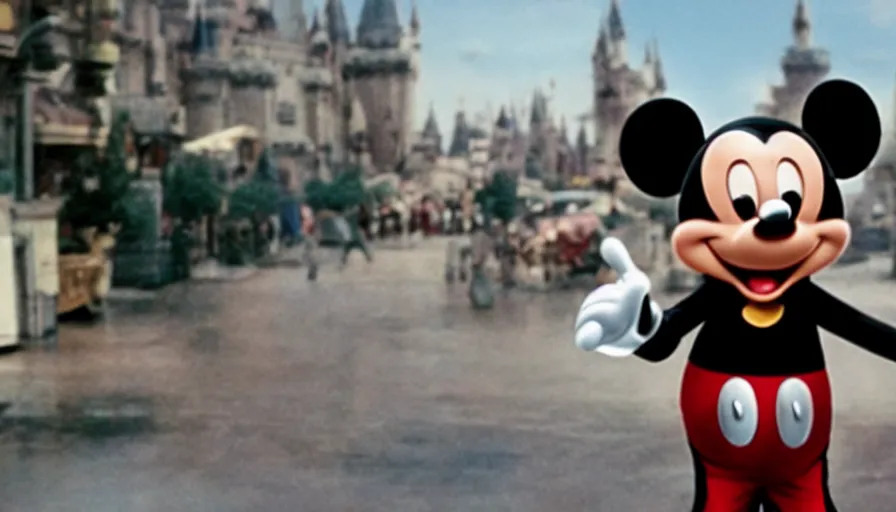 Image similar to a film still from a very dramatic live action film about the life of Mickey Mouse starring Tom hanks as Mickey Mouse