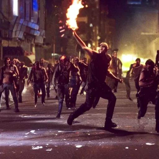 Prompt: James Cameron movie still shows throwing a molotov cocktail at an approaching horde of zombies, on a city street at night.