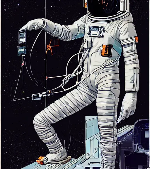 Prompt: cyberpunk astronaut with long limbs on a spacewalk outside of their ship, techwear, Industrial Scifi, detailed illustration, character portrait, by Martin Grip and Moebius