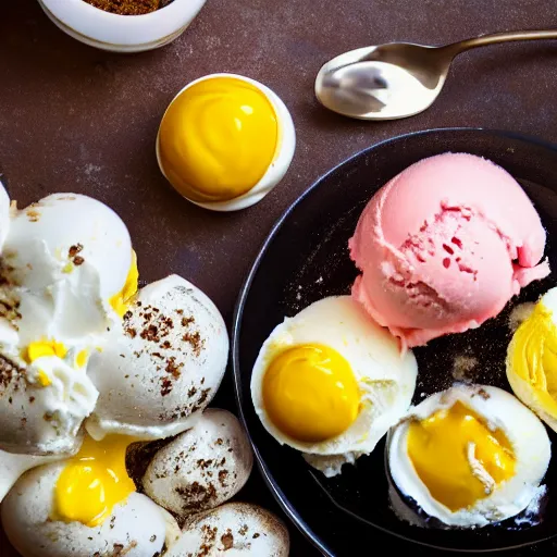 Prompt: ice cream with eggs and mustard on it, food photography, highly detailed