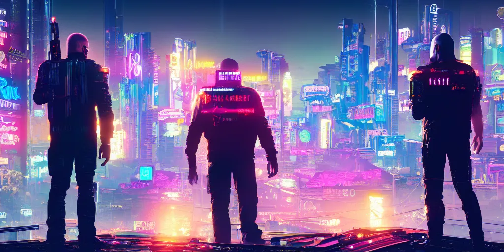 Image similar to ernie and bert in cyberpunk 2 0 7 7 night city wallpaper rendering, digital art