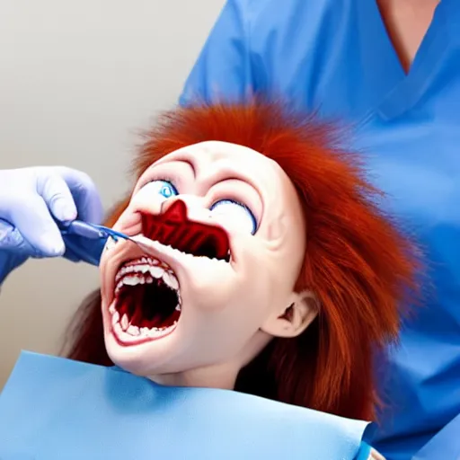 Prompt: chucky doll screaming at the dentist office while getting teeth cleaned
