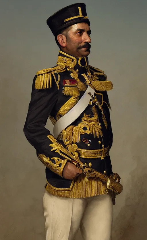 Prompt: official portrait of a hispanic man wearing a ceremonial uniform, male, cheerful, detailed face, 19th century, highly detailed, digital art painting by greg rutkowski