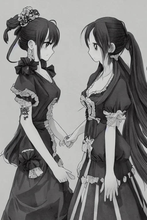 Prompt: a stare down between two beautiful maids standing face to face, detailed anime art