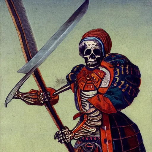 Prompt: skeleton in a colourful landsknechts uniform, wielding a sword