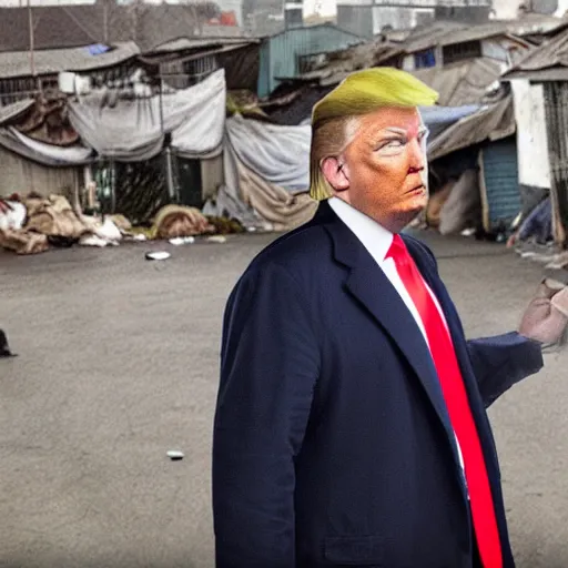 Image similar to donald trump dressed as a homeless man living in the slums