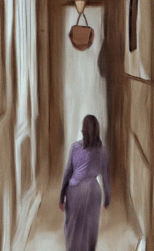 Prompt: servant girl walking in hallway, half turned around, full body, realistic, digital painting