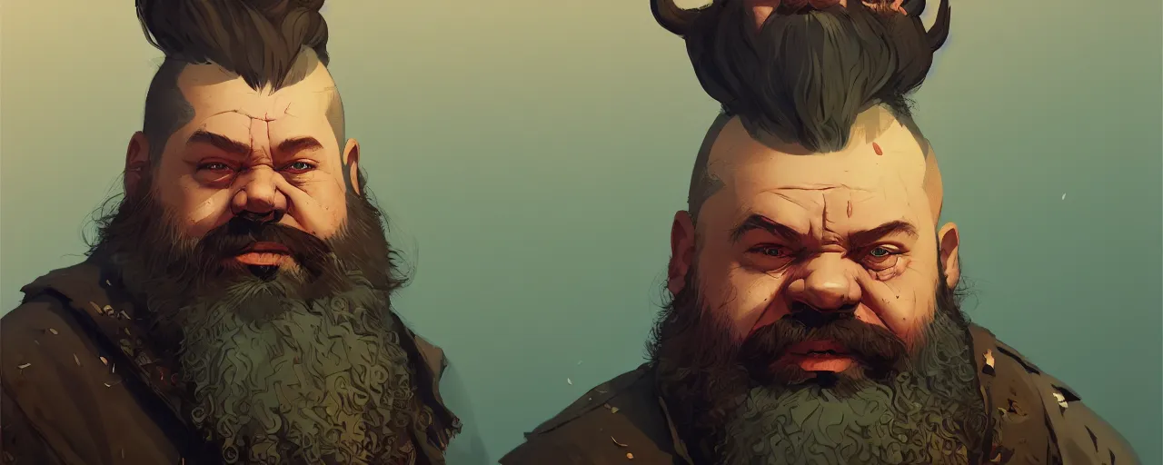 Image similar to duotone illustration 3 / 4 portrait of zoltan chivay dwarf from witcher 3 with brown and ginger mohawk hair and beard. volumetric lighting. dynamic composition. by sachin teng and sergey kolesov and ruan jia and heng z. graffiti art, scifi, fantasy, hyper detailed. octane render. concept art. trending on artstation