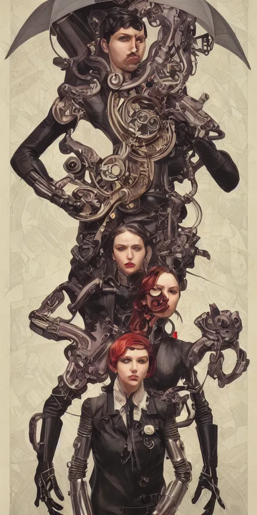 Prompt: Bauhaus portrait of The Umbrella Academy, superhero, intricate, surrealism background, symmetrical duality, highly detailed, digital painting, artstation, concept art, smooth, sharp focus, illustration, art by artgerm and greg rutkowski and alphonse mucha and Hajime Sorayama, inspired by alexander fedosov