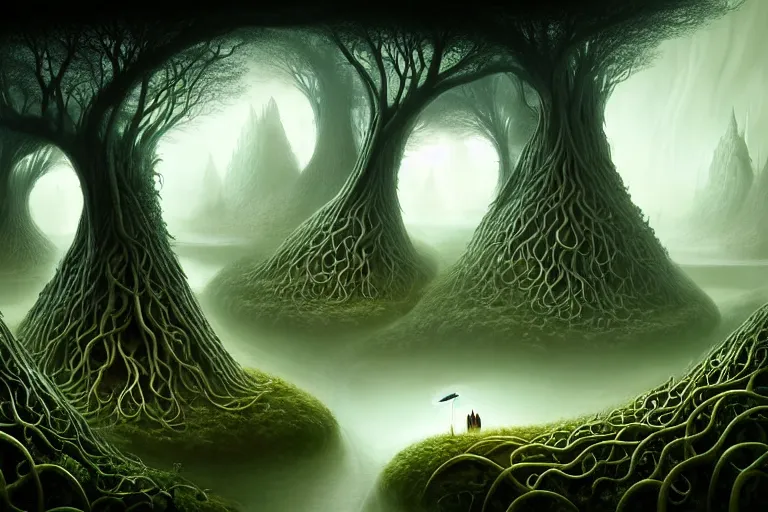 Image similar to an epic elegant mysterious beguiling masterpiece fantasy matte painting of an impossible path winding through forest dream worlds with surreal architecture designed by heironymous bosch, structures inspired by heironymous bosch's garden of earthly delights, surreal root interiors by cyril rolando and asher durand and natalie shau, insanely detailed, whimsical, intricate, sharp focus, elite