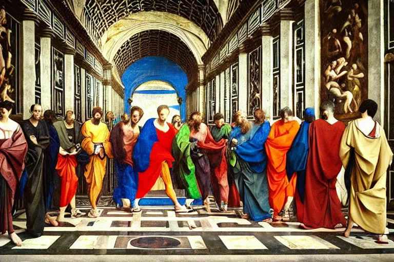 Prompt: the school of athens fresco gucci avant garde intricate modern choatic textiles streetwear japanese cyberpunk dark outside raining