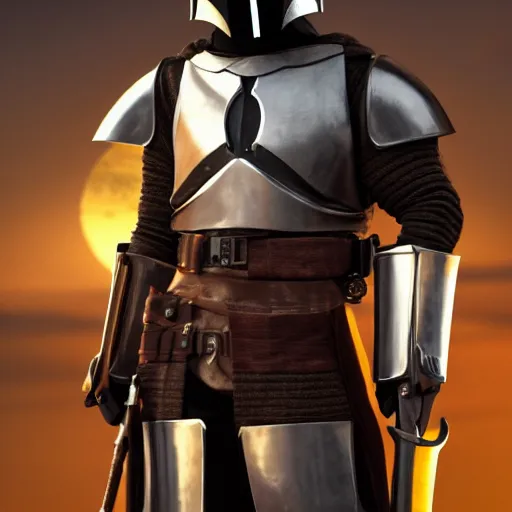 Image similar to a highly detailed knight in a mandalorian golden helmet and crown with a diamond in the center, golden armor, leather clothes under the armor, leather gloves, holds a black sword, artstation, DeviantArt, professional, octane render, sunset lighting