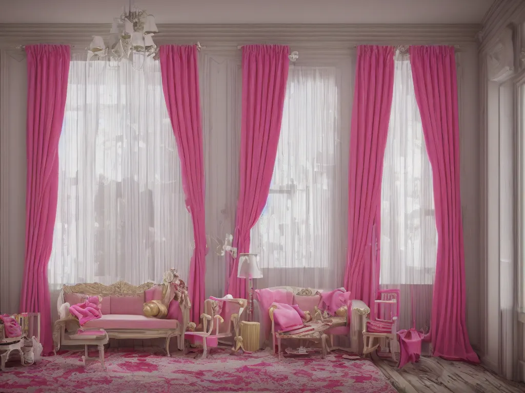 Prompt: 3D render of vintage interior house with very large pink curtains and toys on the floor and a rocking horse in the middle, High detail, Octane Render, faded colors, pastel colors