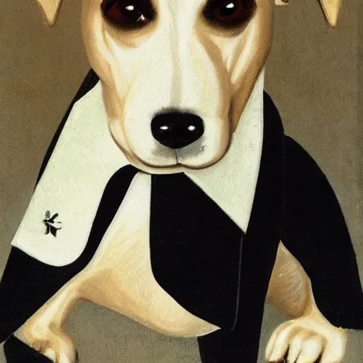 Image similar to a picture of a dog in a tuxedo in the style of jan gossaert