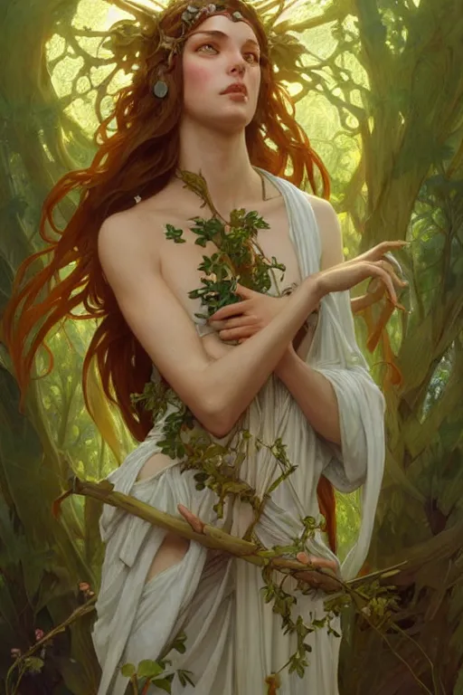 Image similar to goddess of nature, accurate anatomy, only two hands, highly detailed, digital painting, artstation, concept art, smooth, sharp focus, illustration, Unreal Engine 5, 8K, art by artgerm and greg rutkowski and edgar maxence and alphonse Mucha