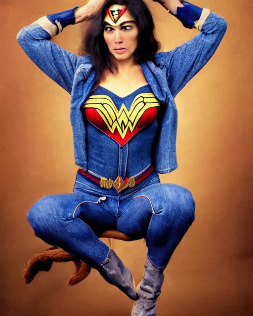 Image similar to a Chimpanzee, dressed as Wonder Woman, is wearing tight fit Blue Jean pants, photographed in the style of Annie Leibovitz, photorealistic