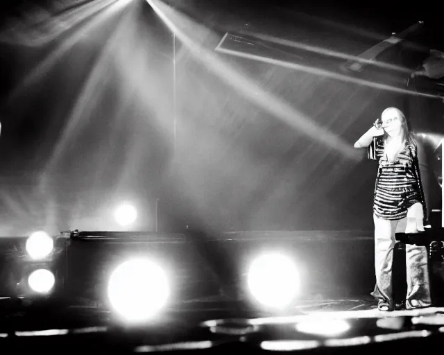 Prompt: stage at a club, stage lights, portrait, centered, by Terry Richardson, 8k, documentary, b&w photography, cinematography by Jim Jarmusch