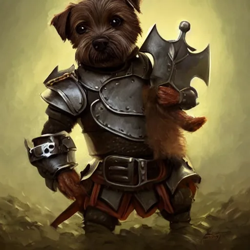 Prompt: A cute little anthropomorphic border terrier knight wearing leather body armor, joy, happy, adorable, short, baby animal, DnD character art portrait, ultra realistic, ultra detailed, cinematic lighting, epic lighting, volumetric light, DeviantArt Artstation, by Jason Felix by Steve Argyle by Tyler Jacobson by Peter Mohrbacher