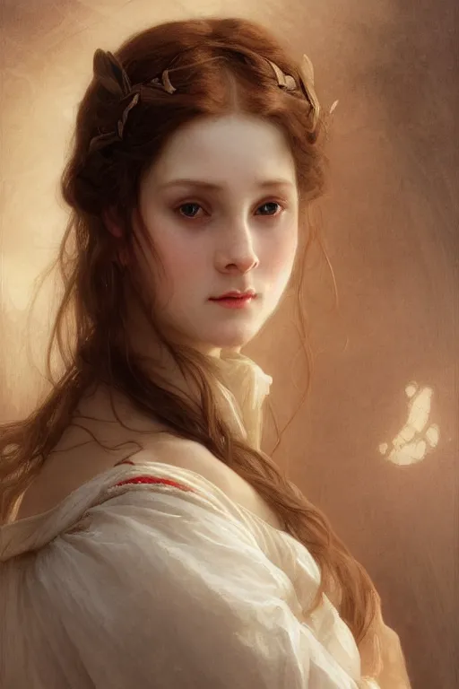 Image similar to Portrait of beautiful pale peasant girl, cinematic lighting, intricate, elegant, highly detailed, digital painting, artstation, smooth, sharp focus, illustration, art by artgerm and greg rutkowski and alphonse mucha and Wayne Barlowe and william-adolphe bouguereau