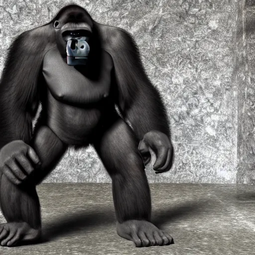 Image similar to big gorilla man terroizing church, 8k cinematic lighting, very sharp detail, anatomically correct