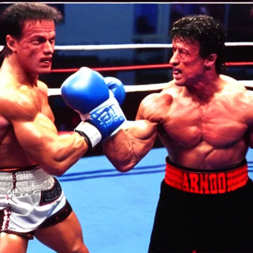 Image similar to 9 0 s tv footage of arnold schwarzenegger vs sylvester stallone charity boxing match