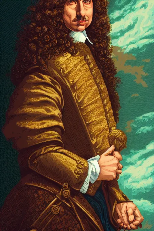 Image similar to Dan Mumford style portrait of ((((Louis xiv)))) in the style of Rob Lefield and Dan Mumford Dan Mumford Dan Mumford , Greg rutkowski, trending on artstation, digital art, surrealism, macro, vaporwave