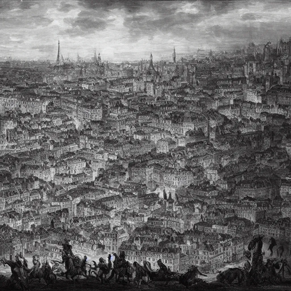 Image similar to Black and white Sebastião Salgado style photograph of 18th-century Paris during the Reign of Terror, ultrarealistic, ambient lighting, flickr