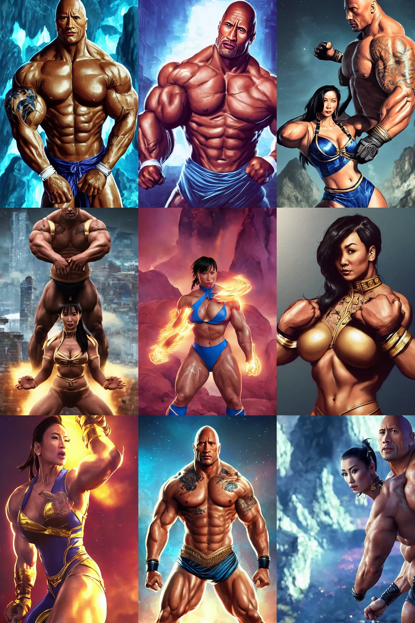 Prompt: dwayne johnson in tight woman chun li outfit with dwayne johnson face and dwayne johnson body, visible face and body, intricate, epic lighting, cinematic composition, hyper realistic, 8k resolution, unreal engine 5, by Artgerm, tooth wu, dan mumford, beeple, wlop, rossdraws, James Jean, Andrei Riabovitchev, Marc Simonetti, yoshitaka Amano, Artstation