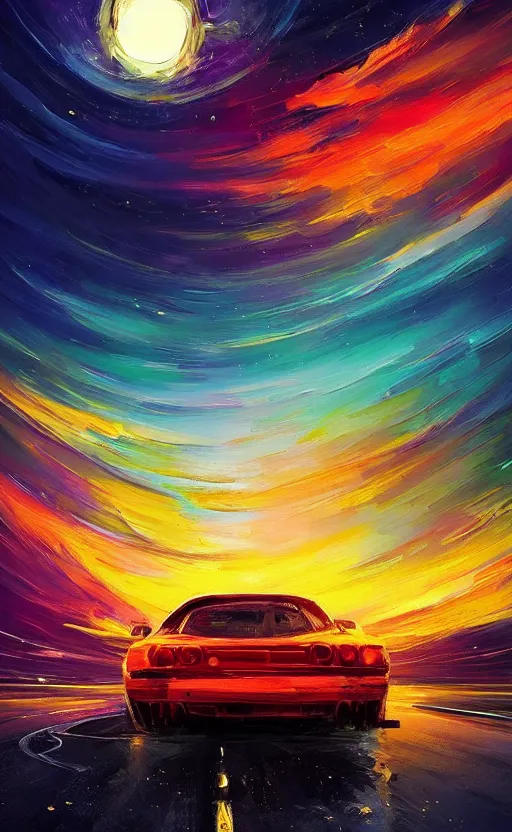 Prompt: a beautiful painting of a burning car, art of alena aenami, featured on artstation, vertical orientation, paint brush strokes, expressionism, brushstroke - laden, breathtaking clouds, birds, ocean, beautiful stars, long exposure, big moon radius, airy midnight theme, blue purple gradient, lens flare