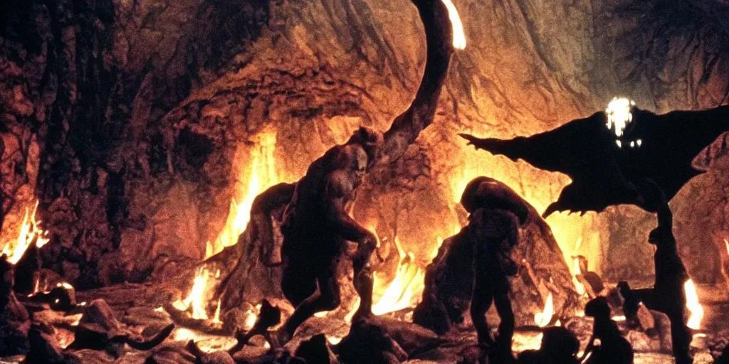 Image similar to A full color still from a Stanley Kubrick film featuring a Balrog in Moria, practical effects, 35mm, 1975