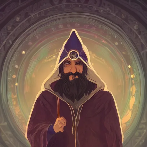 Image similar to portrait of a mysterious wizard with a Hood, bright eyes, fantasy, mucha style, bokeh, magic lights, cinematic