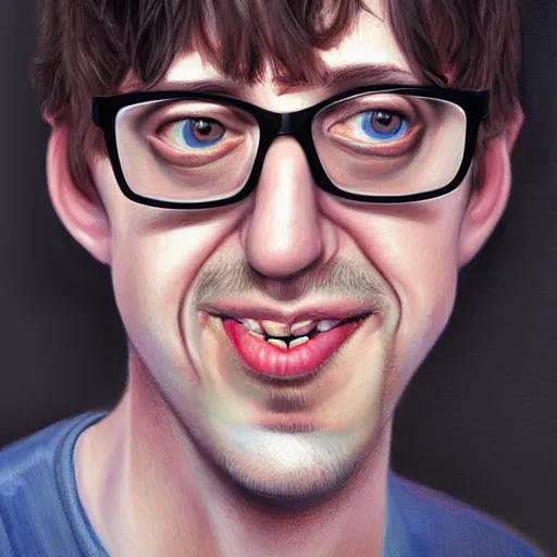 Image similar to Caricature portraits done of a young Graham Coxon, realistic, hyperrealistic, very realistic, highly detailed, very detailed, extremely detailed, detailed, oil painting, digital art, trending on artstation