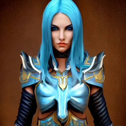 Prompt: Concept art of high elf with light blue hair, black leather armor, golden eagle skull on chest, trending on artstation, photo studio, realistic, 4k, 8k