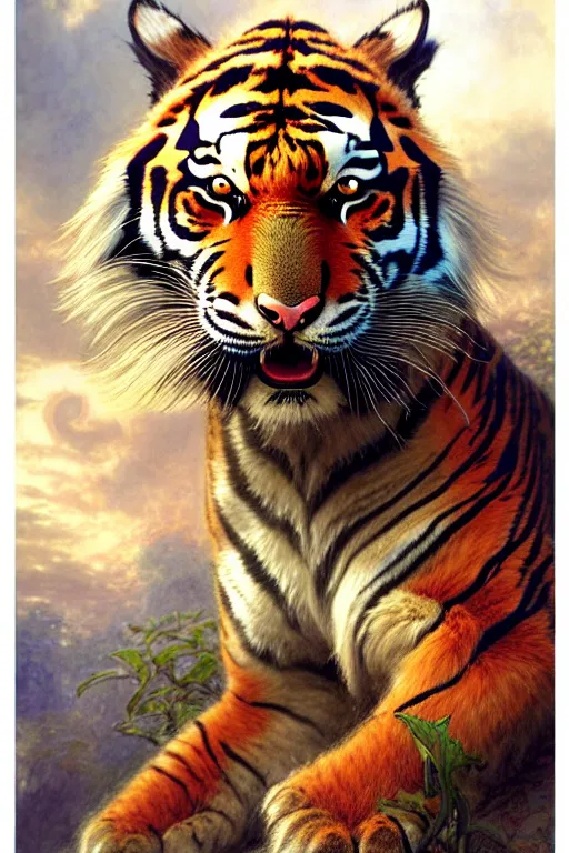 Image similar to highly detailed full shot portrait of a enchanted tiger in the form of a beautiful young princess. d & d, art by donato giancola and ruan jia and carl larsson and magali villeneuve. trending on artstation, intricate details, energetic composition, golden ratio, concept art, illustration, elegant art