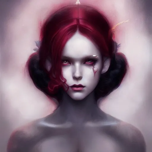 Image similar to princess of darkness, style of tom bagshaw, artgerm comic, piercing eyes, long glowing red hair, cinematic, highly detailed, award winning