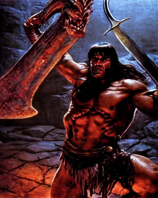 Image similar to closeup Photo of Conan the Barbarian fighting a dragon with a sword in a dungeon, rim lighting, octane, Frank frazetta, Edgar Rice Burroughs,