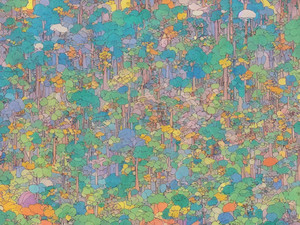 Image similar to colorful blueprint sideview of a fairytale forest, illustration, concept art, autumn light, colorful, beautiful, studio ghibli, hayao miyazaki, takashi murakami, alfons mucha, manga, cute and adorable