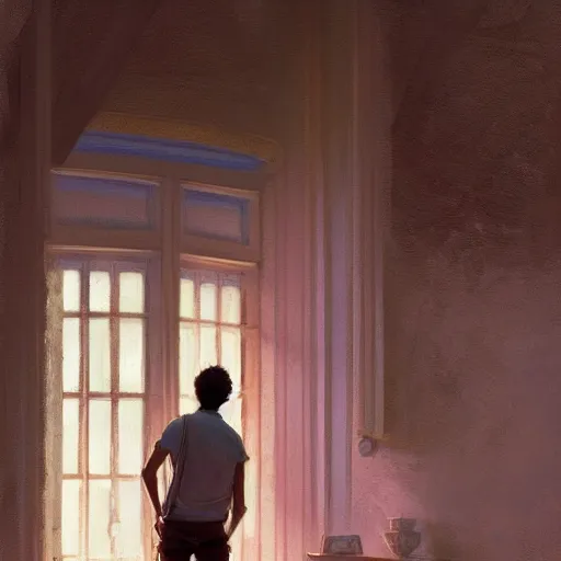 Image similar to concept art, young man in pink shirt standing near french windows, by james gurney, greg rutkowski, john howe, artstation